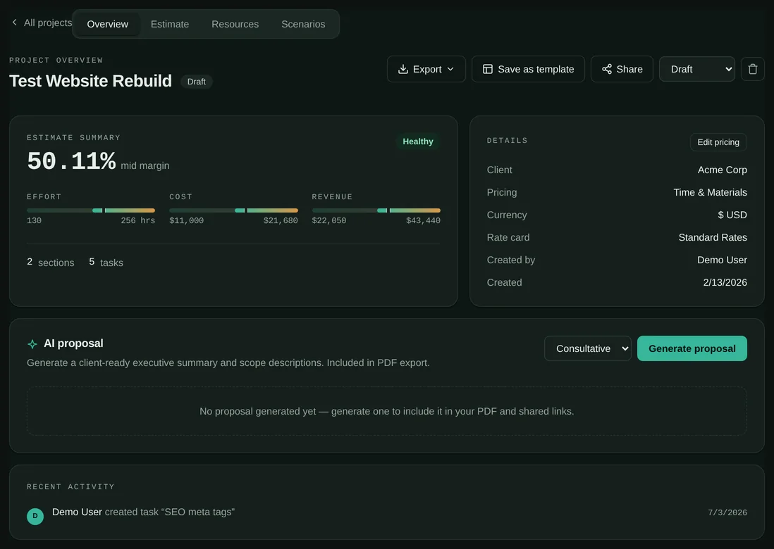 A VikaEstimate project summary with range bars for effort, cost, and revenue, plus the mid margin and project details.