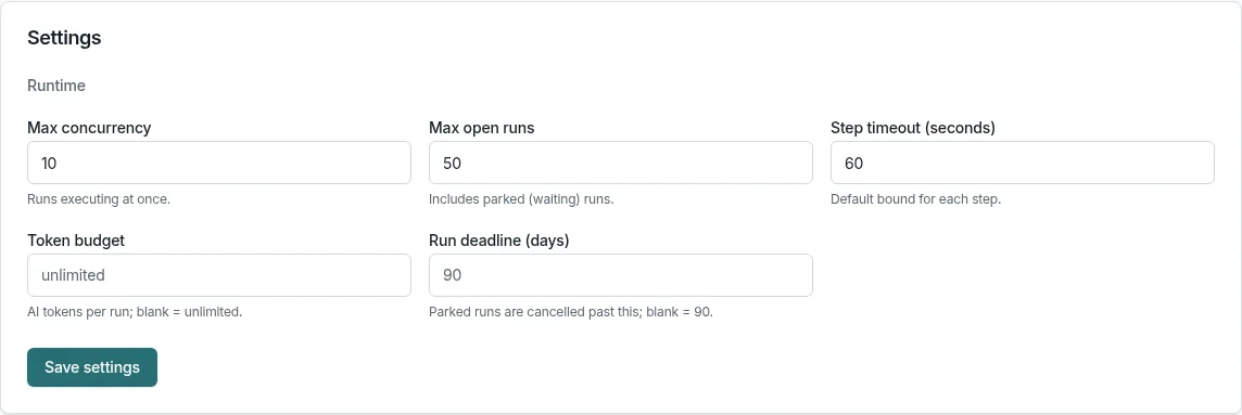 VikaHire agent settings for concurrency, open runs, step timeout, token budget, and run deadline.