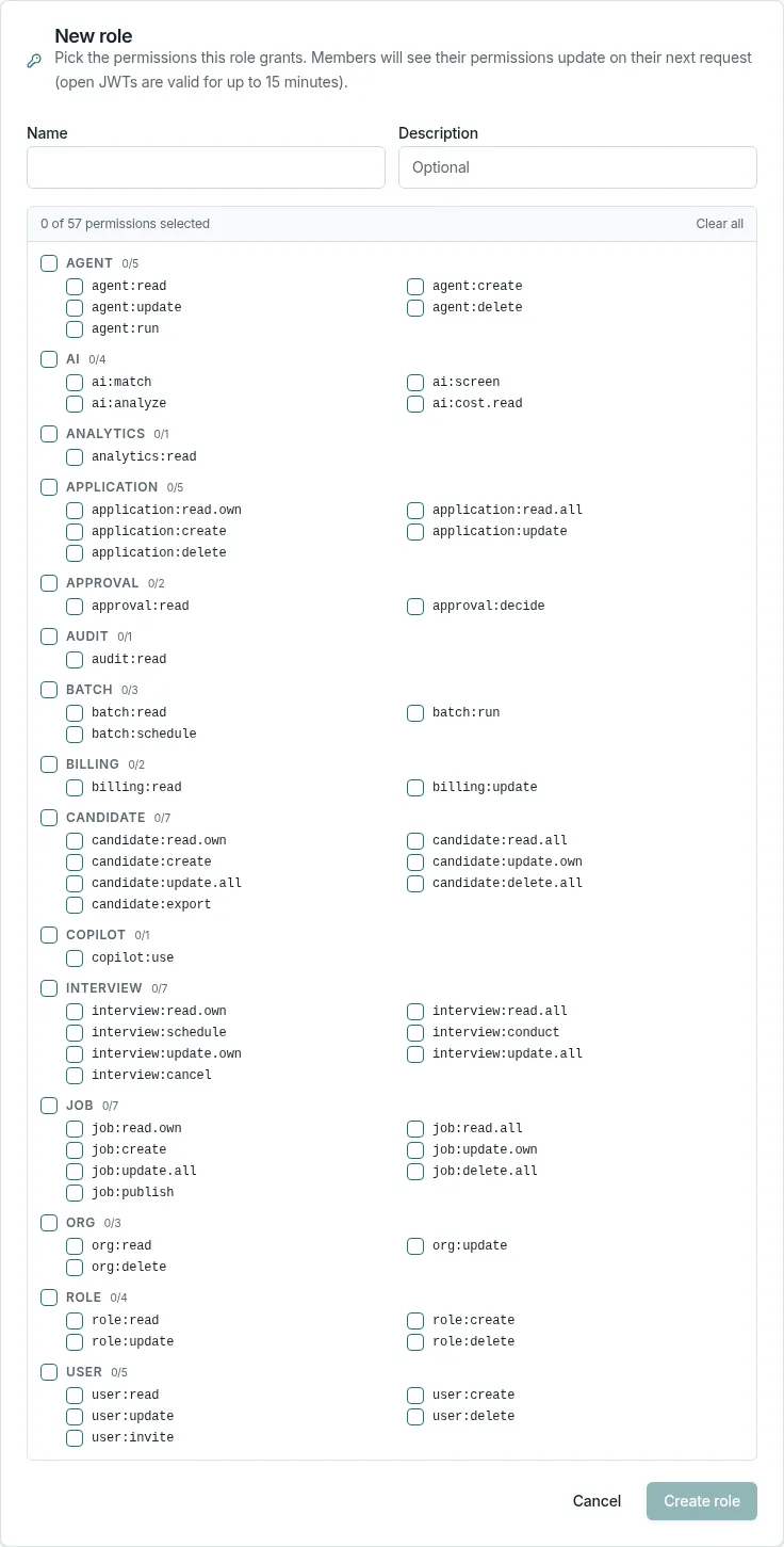 A VikaHire role form with permission groups for agents, AI, applications, approvals, audits, candidates, interviews, and jobs.